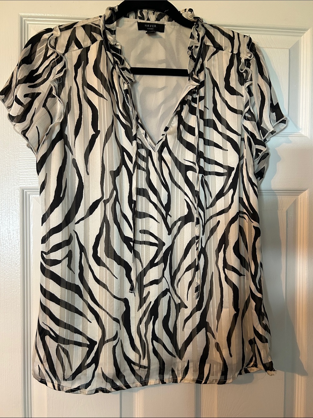Have Black & White Zebra-Print Ruffled V-Neck Blouse